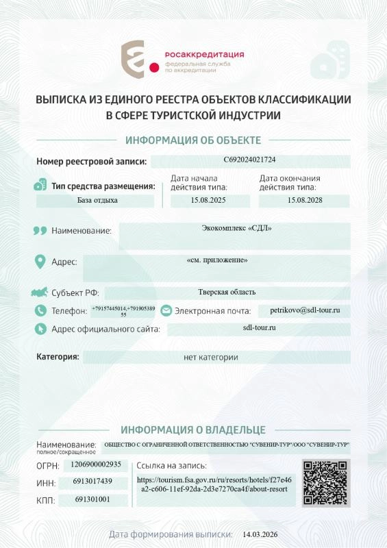 Запись в едином реестре объектов классификации в сфере туристической индустрии